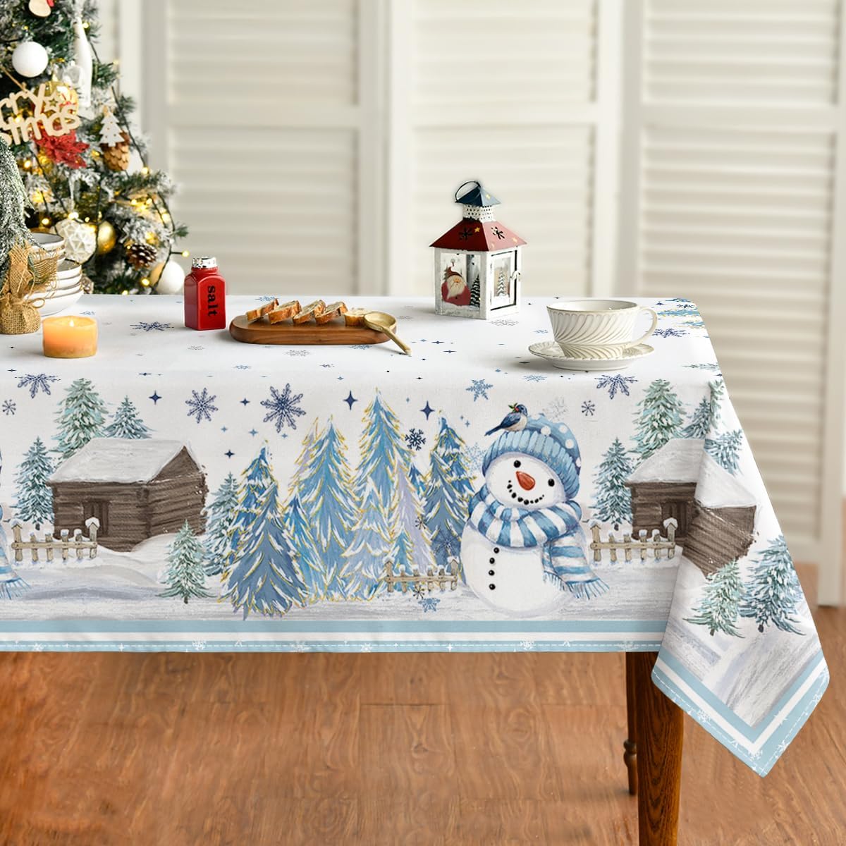 Christmas Tablecloth 60&#xD7;84 Inch Rectangular, Blue Snowman Pine Snow Washable Table Cover for Party Picnic Dinner Decor