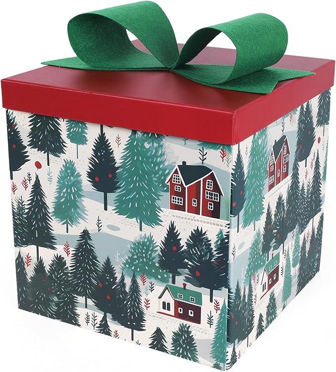 Large Christmas Gift Boxes with Lids,10x10x10 Inches Christmas Tree Design Folding Square Gift Boxes for Christmas Decorative,Xmas,Present,Storage,Green