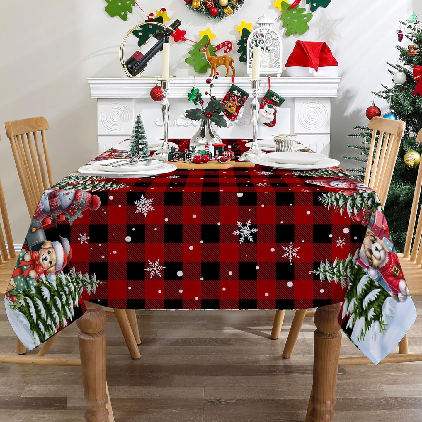 Christmas Tablecloth 60x84 Inches for Rectangle Tables - Red Plaid Christmas Decor for Table - Snowman Water Resistant Xmas Table Cloth, Chrismtas Party Decorations for Kitchen, Home