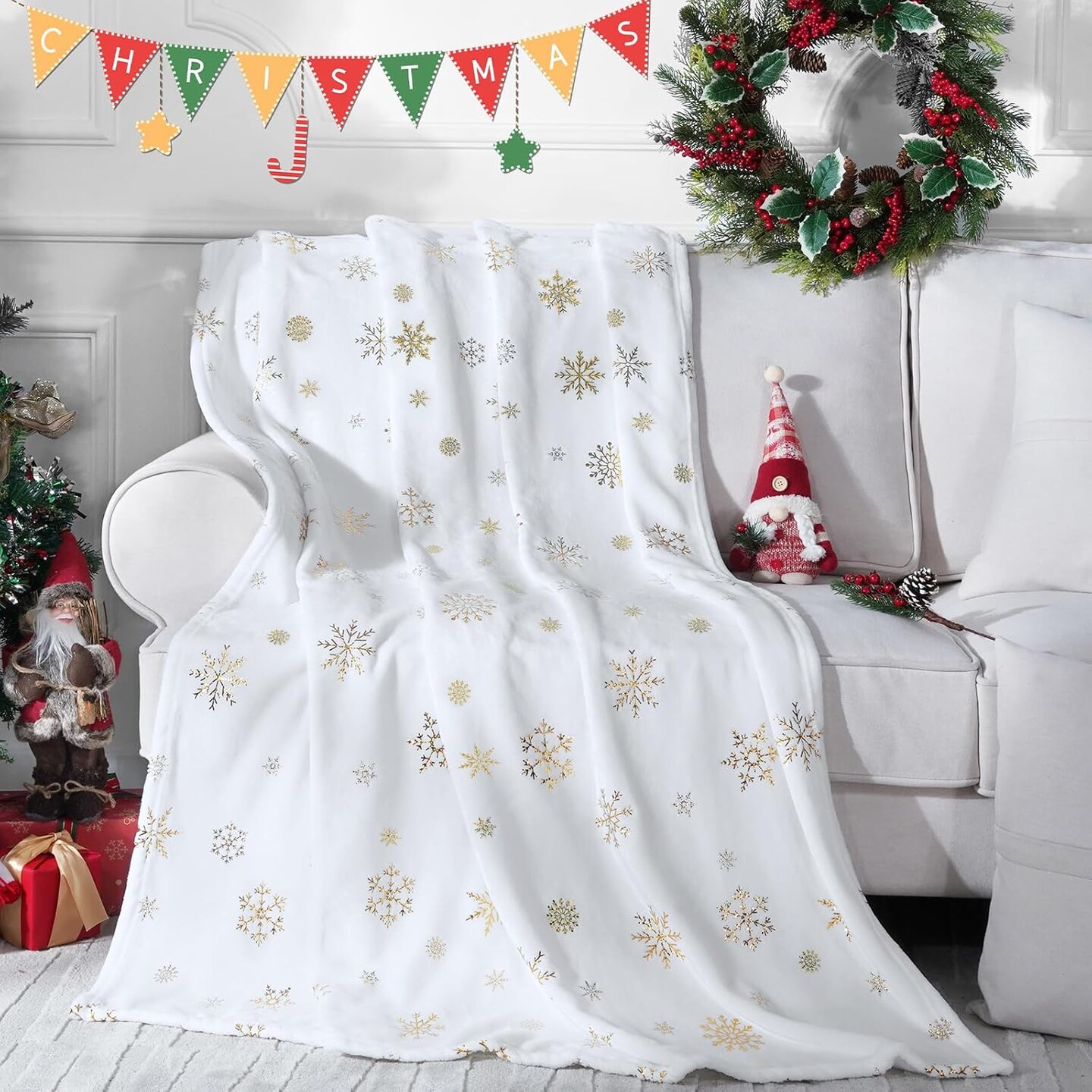 Christmas Throw Blanket, Soft White Winter Fleece Blanket Throw, Gold Snowflake Warm Fuzzy Flannel Blanket for Couch Sofa, Decorative Comfort Luxury Blanket 50&#x27;&#x27; x 60&#x27;&#x27;, Christmas Decorations