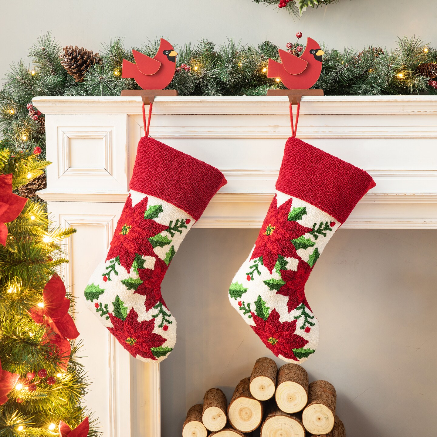 Set of 2 21.00&#x22;L Hooked Stocking (Poinsettia/Cardinal)