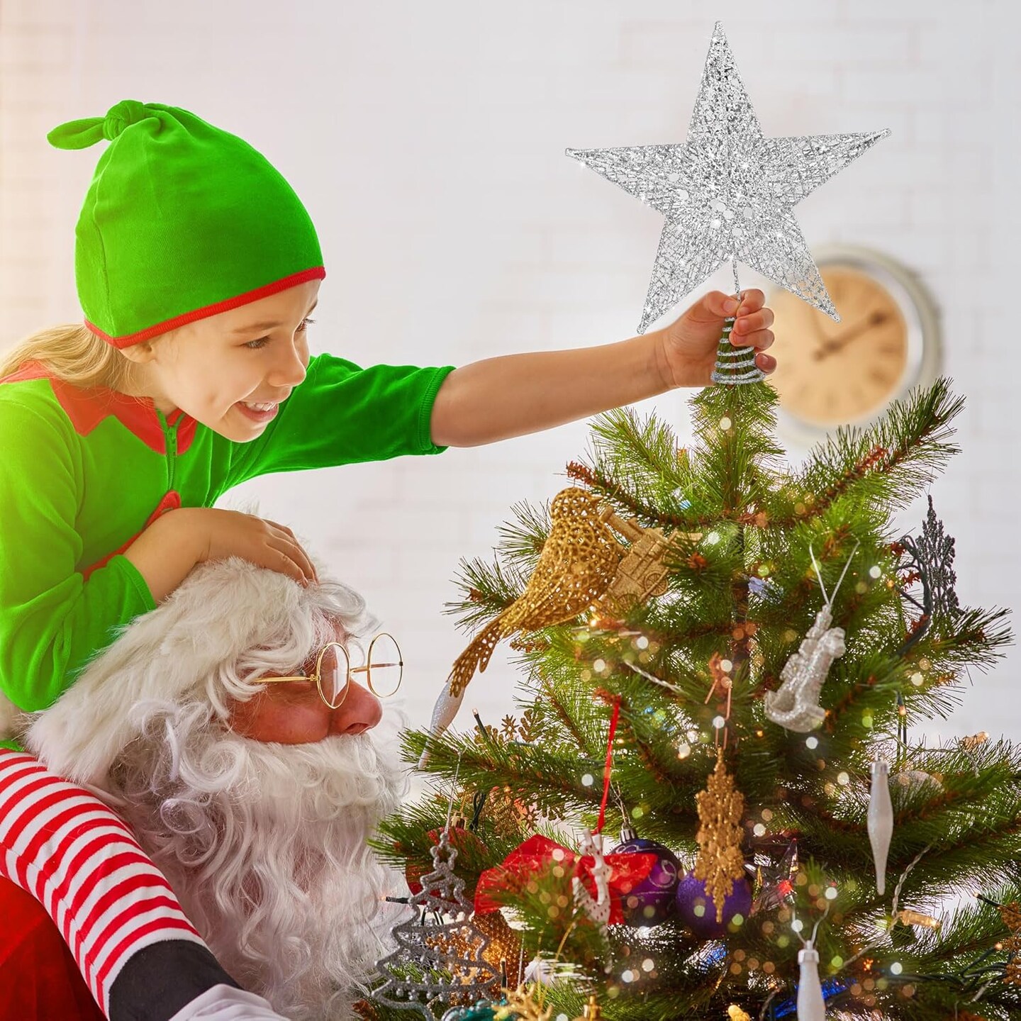 Christmas Tree Topper 8 Inches Metal Glittered Christmas Tree Topper Wire Star Treetop Sparkle Xmas Decoration for Christmas Tree Ornament Indoor New Year Holiday Party Supplies (Silver)