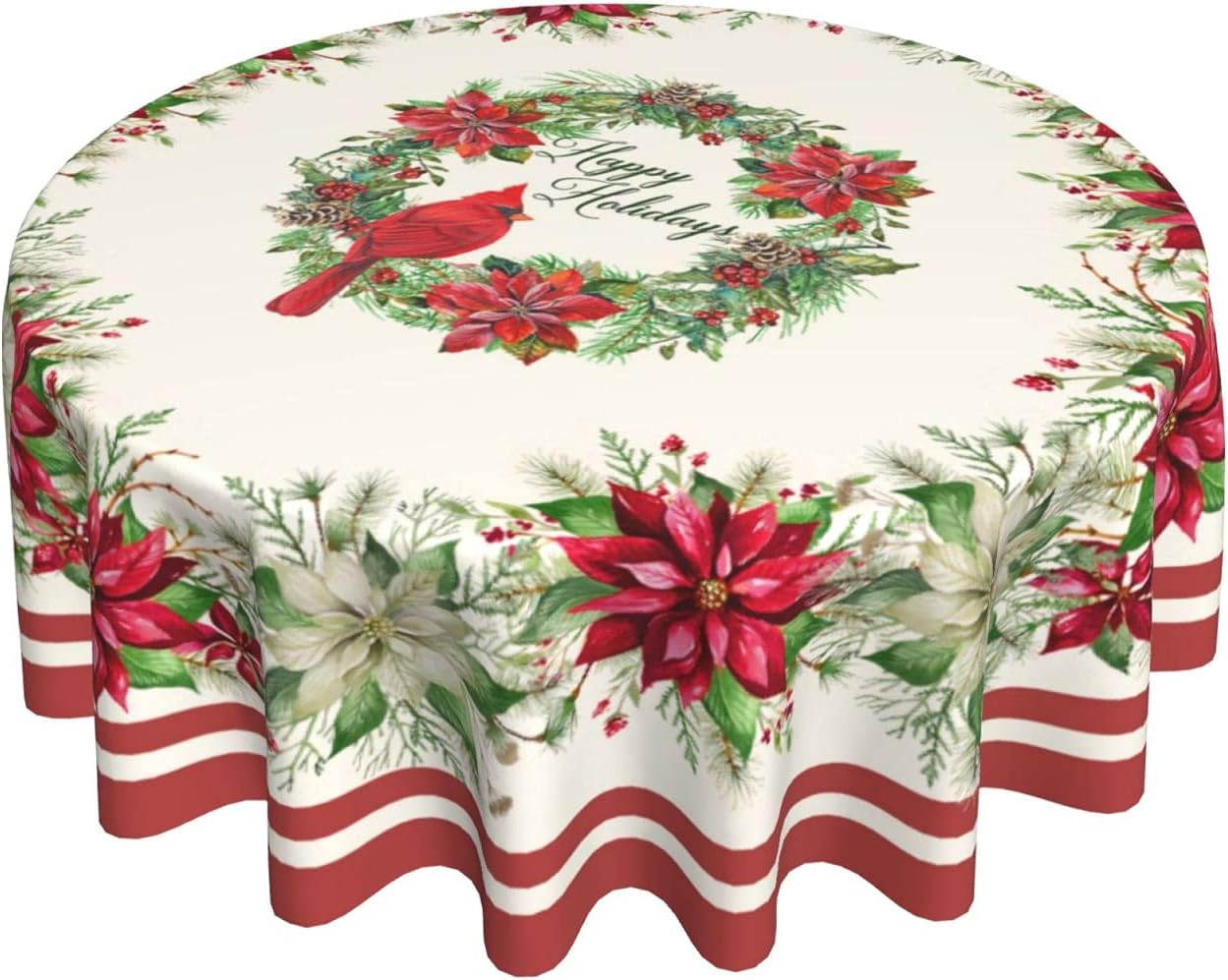 Red Bird Tablecloth Round 60 inch Red White Floral Tableccloth Merry Christmas Cloths Washable Banquet Tablecloth Winter Decorative Table Cover for Holiday Home Party Picnic Dinning