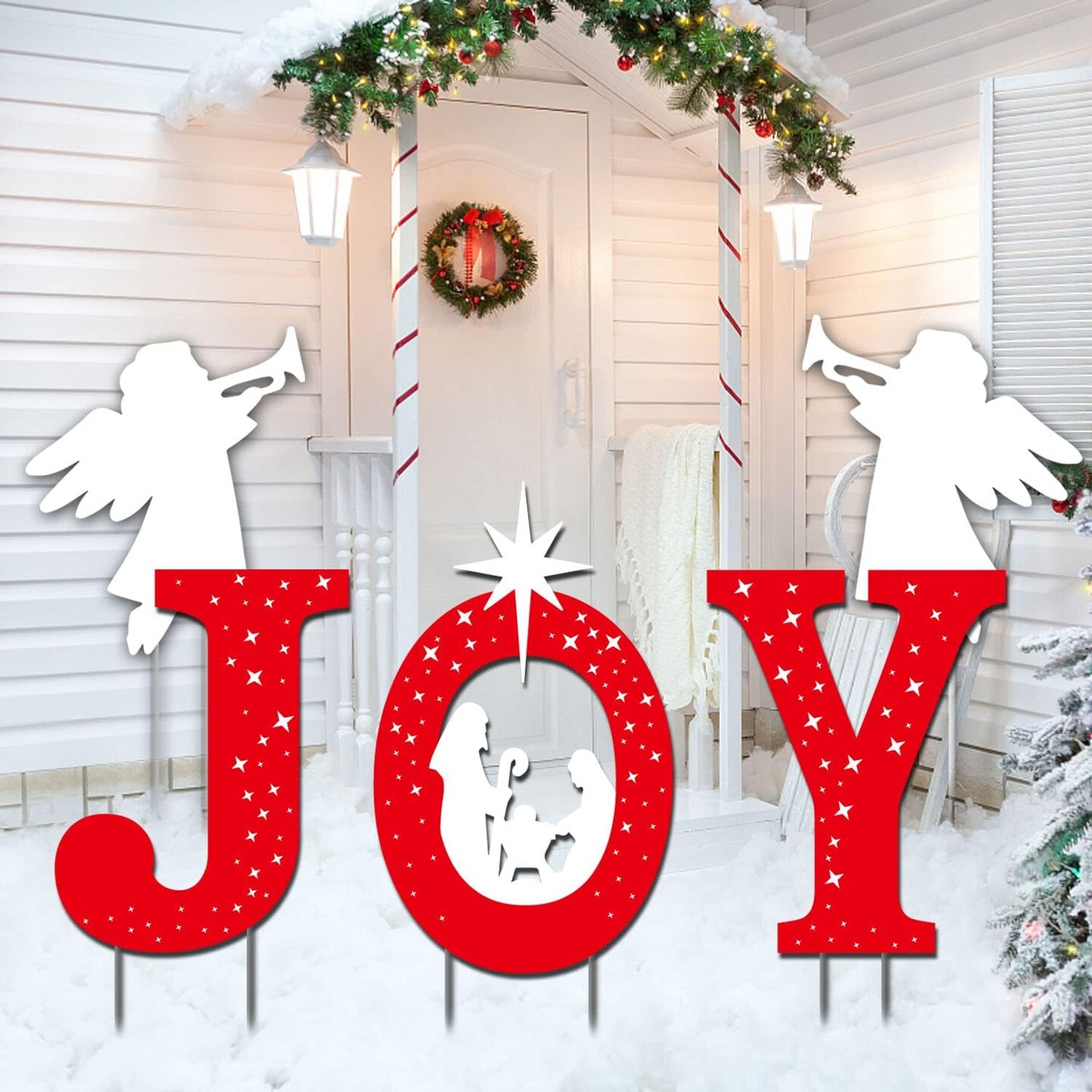 5 Pcs Large Outdoor Christmas Decorations -Joy Nativity Sets for Christmas Outdoor Xmas Nativity Lawn Religious Scenes Yard Decor with Stake for Home Lawn Pathway Walkway, Red, White