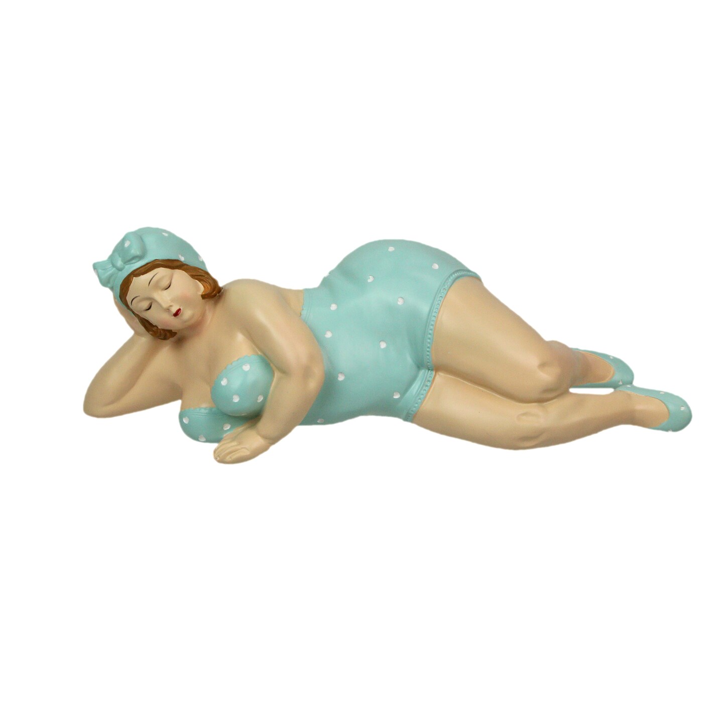 Curvy Retro Bathing Beauty Beach Girl in Blue/White Polka Dot Swimsuit Figurine