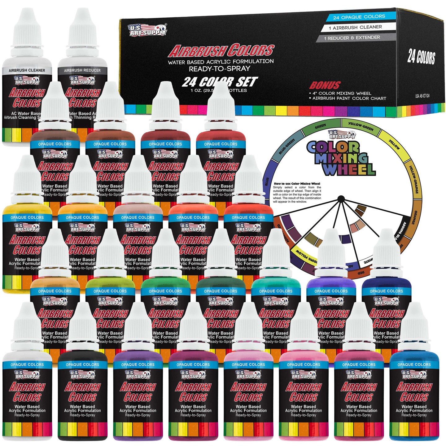 24 Color Acrylic Airbrush Paint Set; Opaque Colors plus Reducer, Cleaner &#x26; Color Mixing Wheel, 1 oz. Bottles