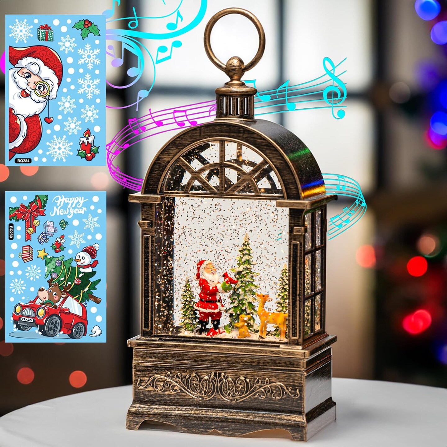 Christmas Snow Globe Lantern Swirling Glittering Santa Moose and Cardinal with Music,USB Lined or Battery Operated Lighted Water Lantern for Thanksgiving Christmas Decoration Gifts