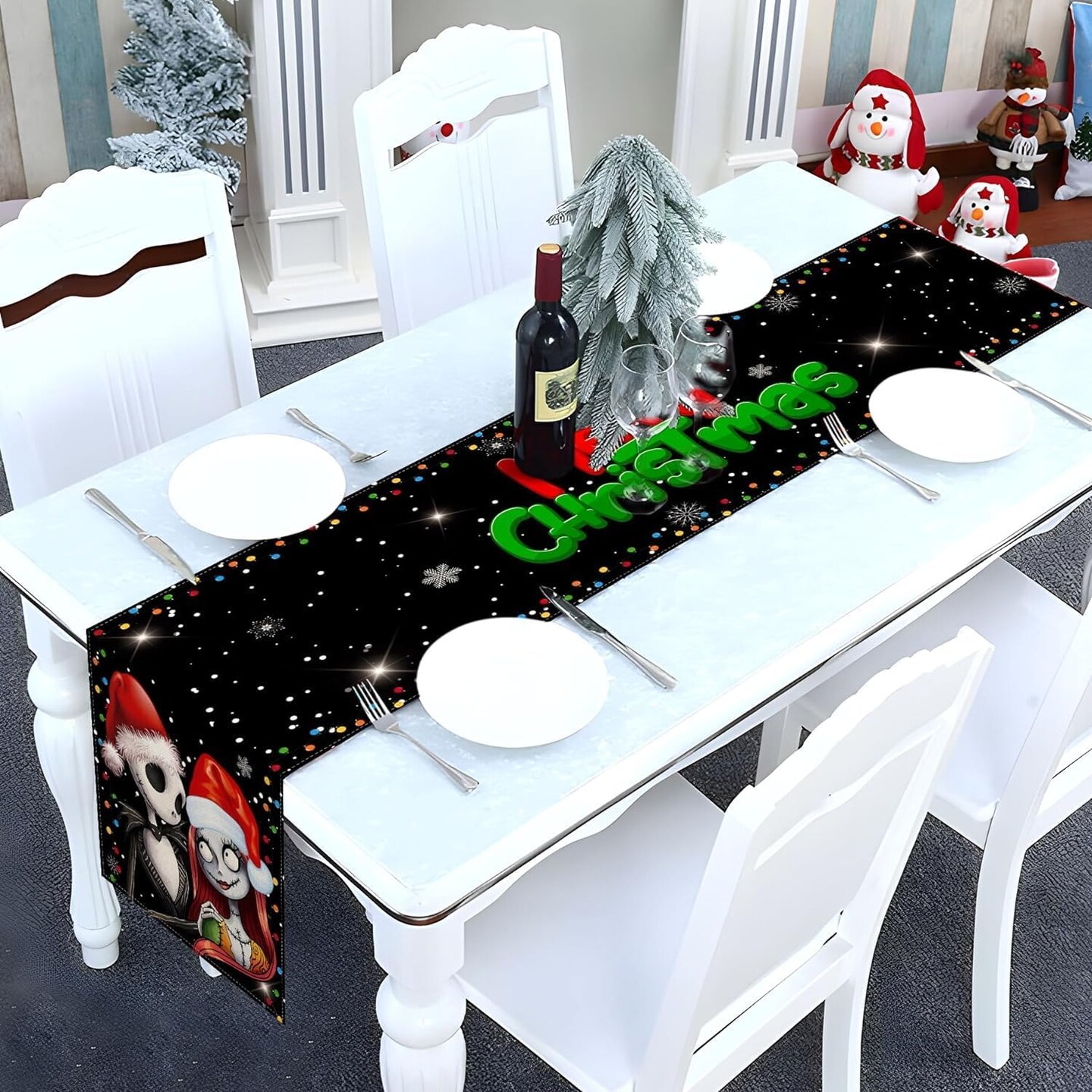 Merry Christmas Table Runner The Nightmare Before Christmas Jack Skellington and Sally Birthday Party Decoration Home Kitchen Dining Room Deocr (Black, 13&#x22; x 90&#x22;)