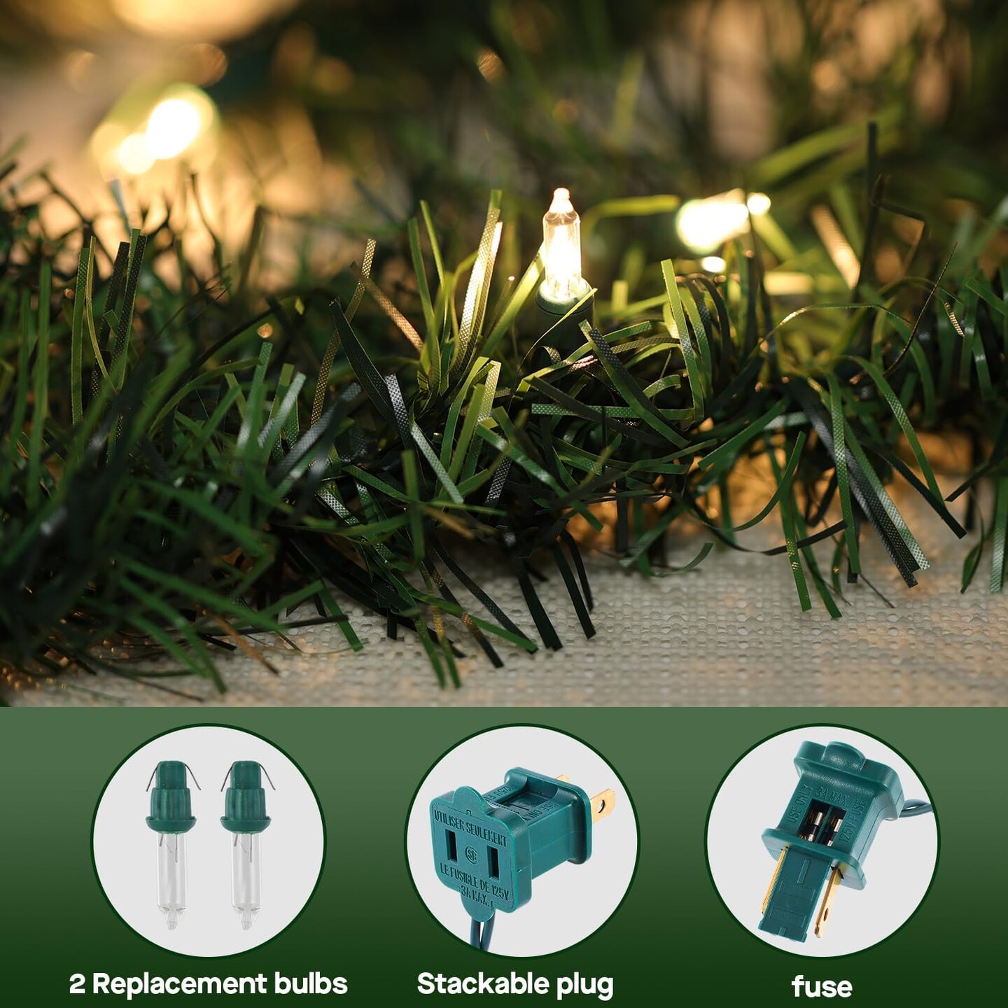 Garland,Lighted Artificial Pine Garland with Plug in 35 Count Clear Incandescent Mini Lights, Perfect for Indoor/Outdoor Holiday Decorations
