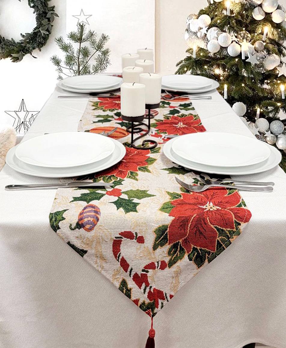 Festive Poinsettias Christmas Table Runner