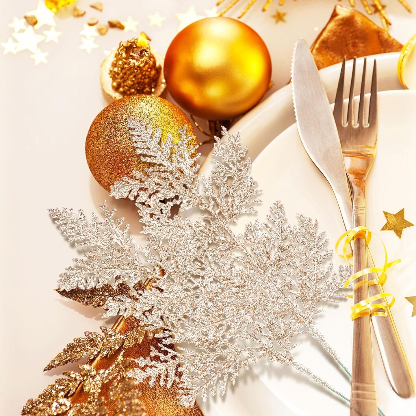 100 Pcs Christmas Tree Picks Sprays 10.24 Inch Glitter Artificial Pine Leaves Cedar stem Faux Pine Needles Greenery Cedar Branches Ornament for Home Garland Wreath Winter Decor(Champagne Gold)