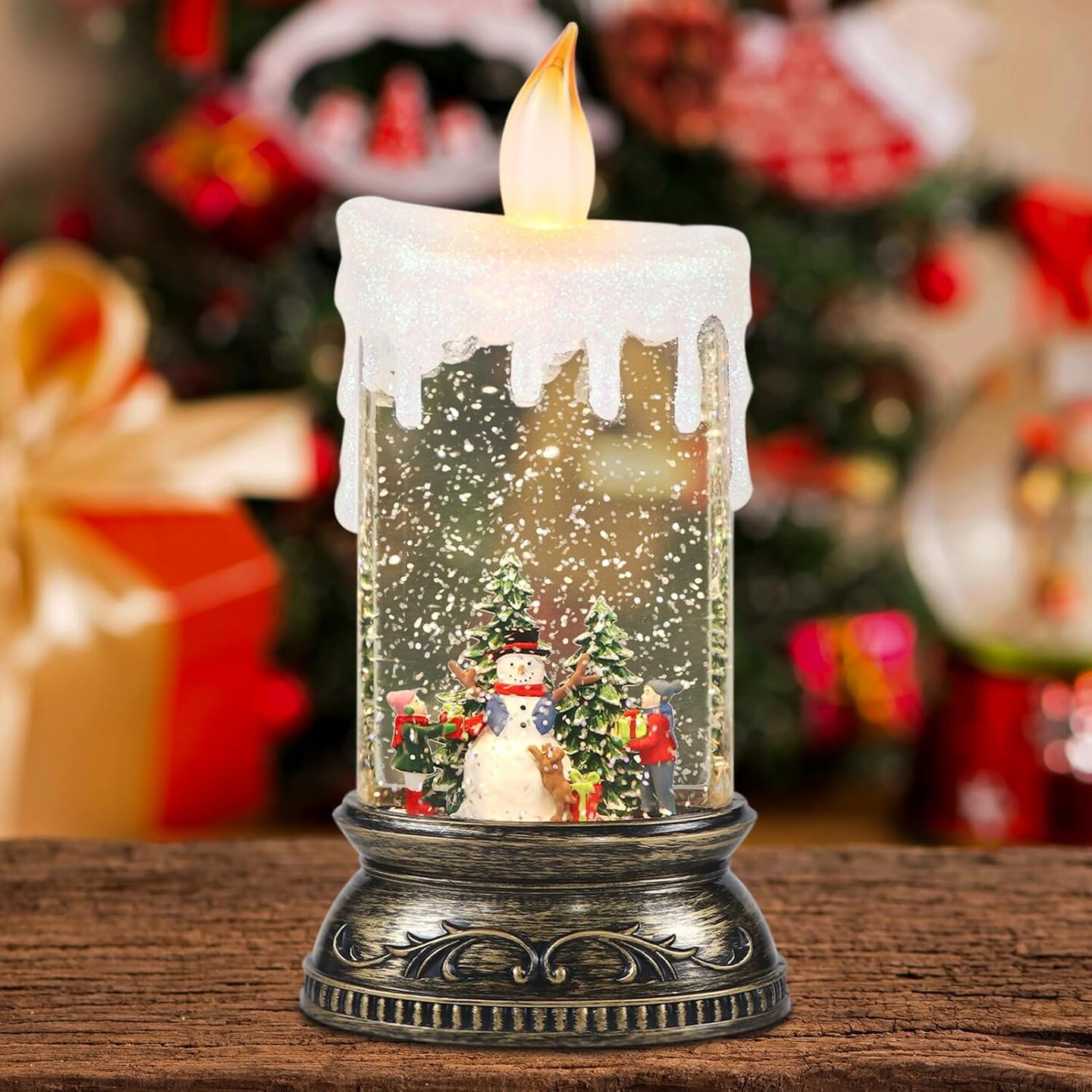 Christmas Snow Globe Candle, Swirling Glittering Candle with Timer, Music, Snowman and Kids Scene, Winter Snow Shaped Lantern, USB/Battery Operated Candles for Christmas Decor