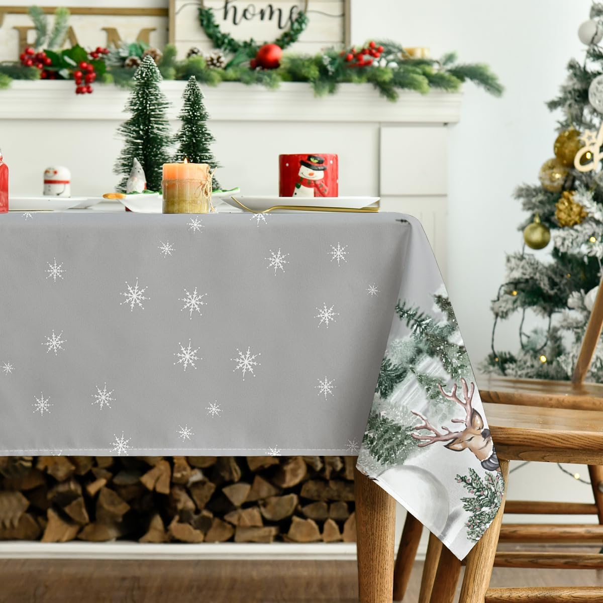 Christmas Tablecloth 60×84 Inch Rectangular, Deers Snowman Trees Grey Washable Table Cover for Party Picnic Dinner Decor