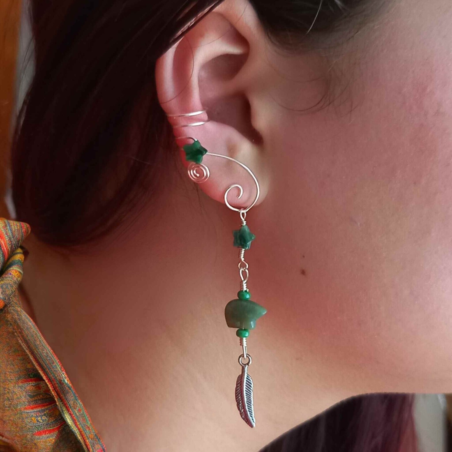 ★MIDNIGHT MOMENT.★ fruit earcuff (2colors) Dangle Ear Cuff 2 in 1 Aventurine Zuni Bear and Feather, No