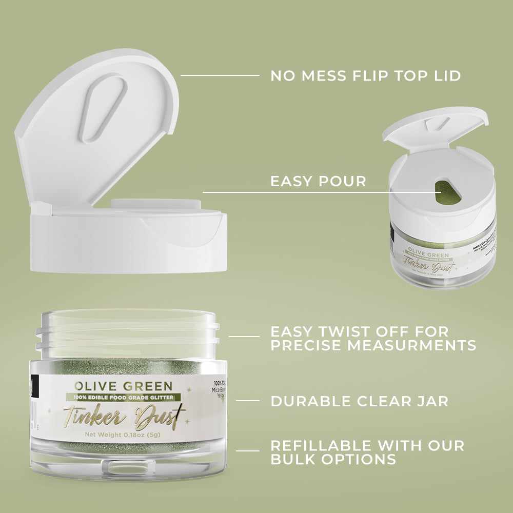 Bakell - Olive Green Tinker Dust Edible Glitter (5g, 1x Jar) for Food, Desserts, and Beverages!