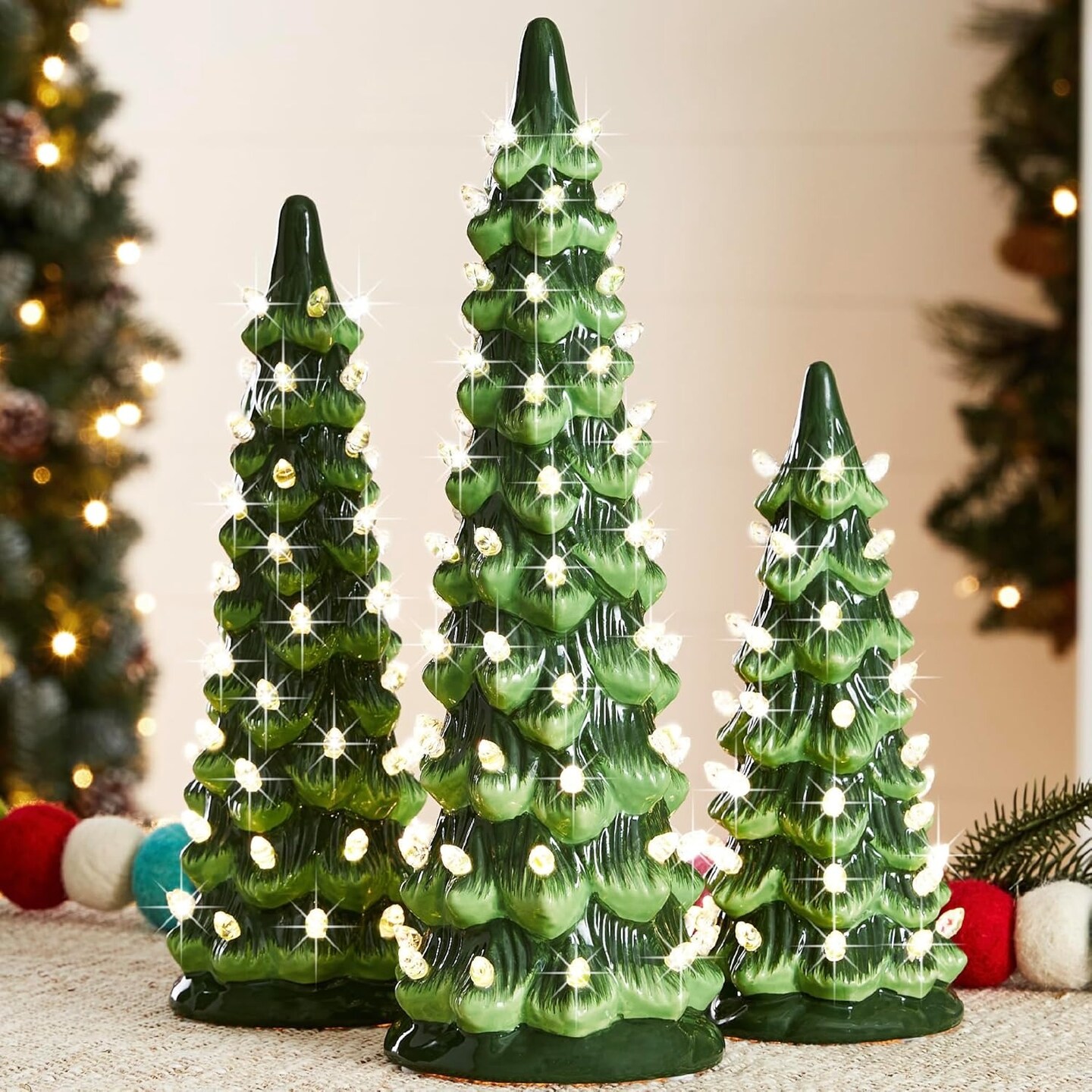 Set of 3 Pre-Lit Green Ceramic Christmas Trees