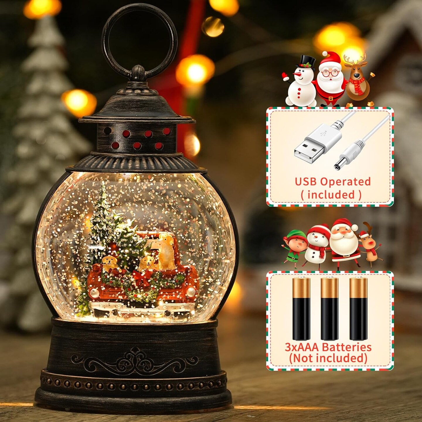 Dog Snow Globe Lighted Christmas Decorations, Musical Snow Globe Lantern with Swirling Glitter, Red Truck Christmas Tree Holiday Party Gifts and Decorations, USB &#x26; Battery Operated