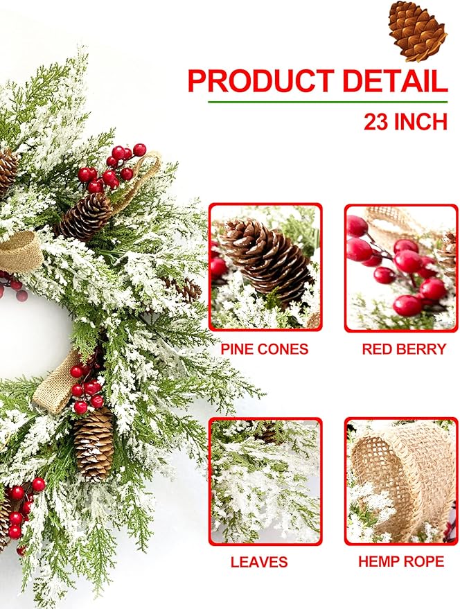 2 Pack Christmas Wreath 23&#x201D;, Winter Wreaths for Front Door with Pinecones, Red Berries, Burlap Ribbon &#x26; Snowflake, Artificial Outdoor Holiday Door Decorations with 2 Wreath Hangers