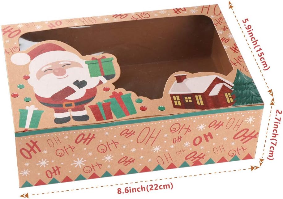12 Pack Christmas Cookie Boxes Large Holiday Bakery Gift Boxes with Window and Tags, Kraft Cupcake Boxes, Food Packaging Containers for Gift Giving, Christmas Party Favor, Fits 20 Cookies