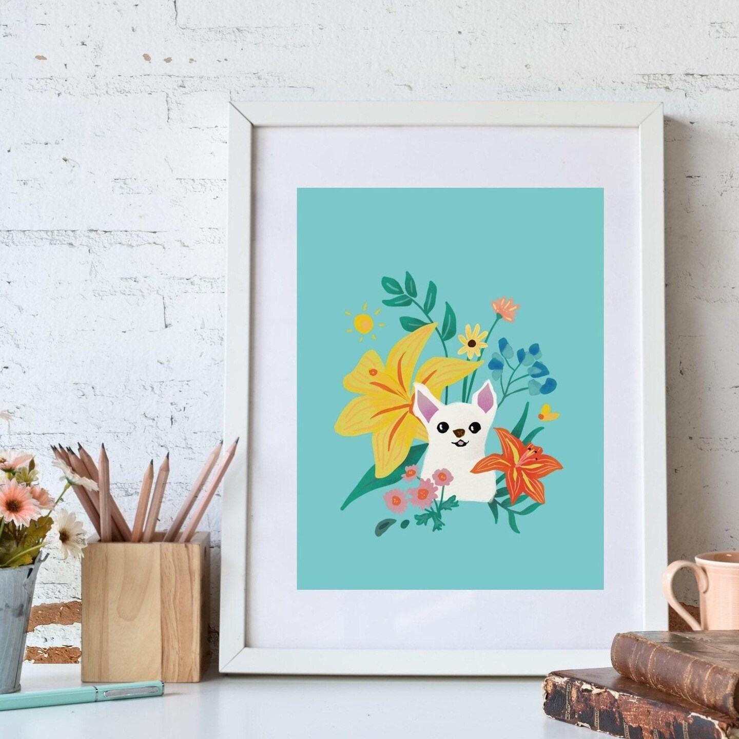 Spring Flowers Chihuahua Art Print, Cute Colorful Dog Wall Art, Chihuahua Gifts, Floral Wall Decor, Yellow Blue Dog Painting at sleepychi