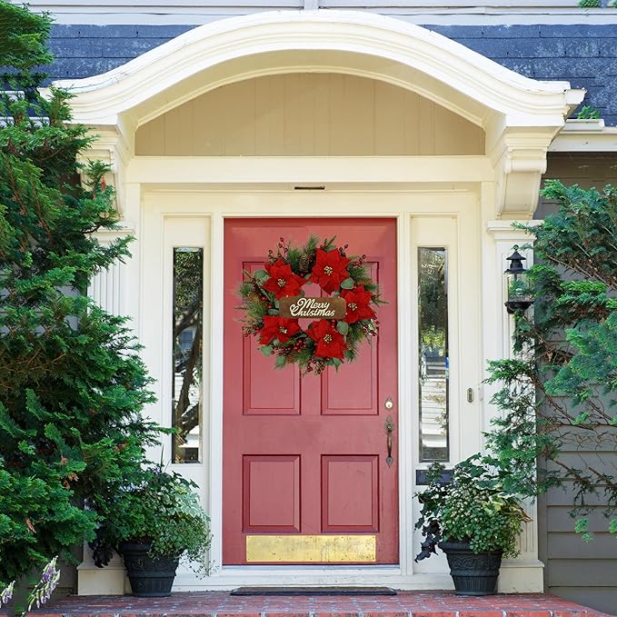 20 inch Artificial Christmas Wreath Winter Wreath with Poinsettia,Eucalyptus Leaves,red Berry,Pine Cones,Pine Needles for Indoor Outdoor Farmhouse Home Wall Window Festival Wedding Decor