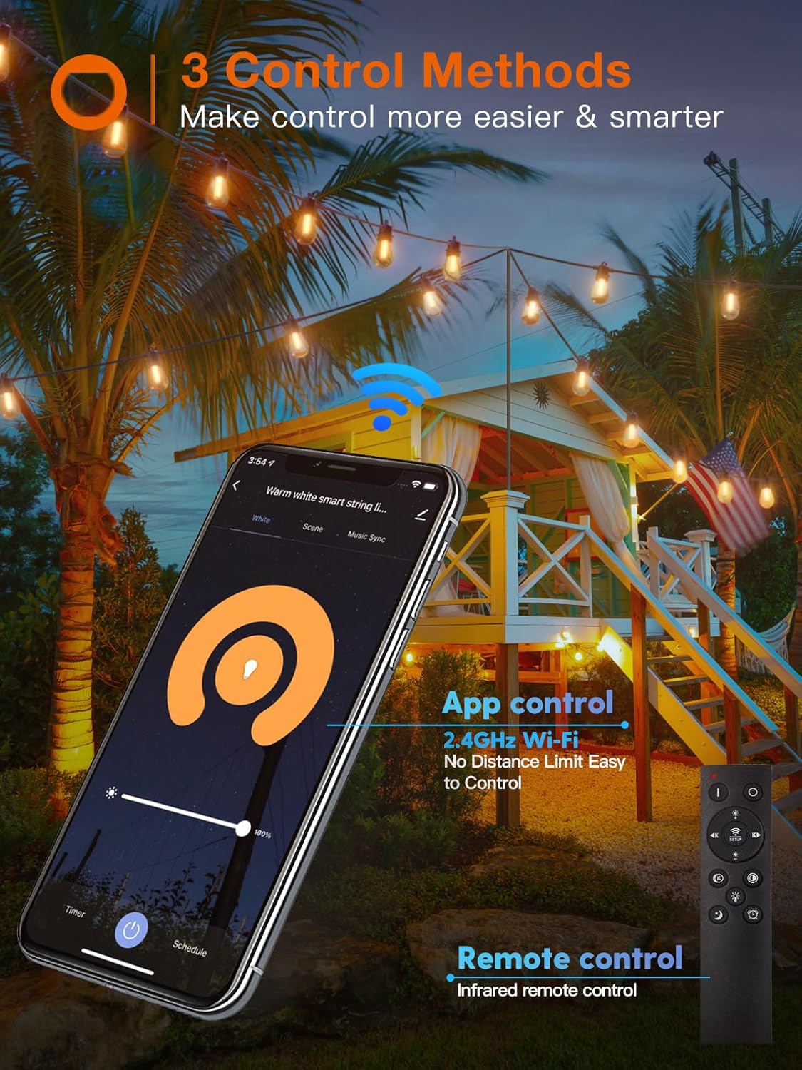 48FT Smart Outdoor String Lights with Remote, Dimmable Patio Lights with 15 LED Edison Waterproof Bulbs, String Lights for Outside Works with APP, Music Sync Outdoor Lights for Gazebo Backyard