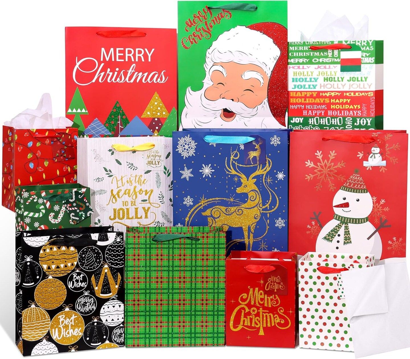 Christmas Bags for Gifts Bulk-12 Pack Holiday Gift Paper Bags with handles, Assorted Sizes Xmas Gift Wrapping Bags for Presents, with Tissue Paper&#x26;Tags(4 Jumbo 16&#x22;, 4 Large 12&#x22;, 4 Medium 9&#x22;)
