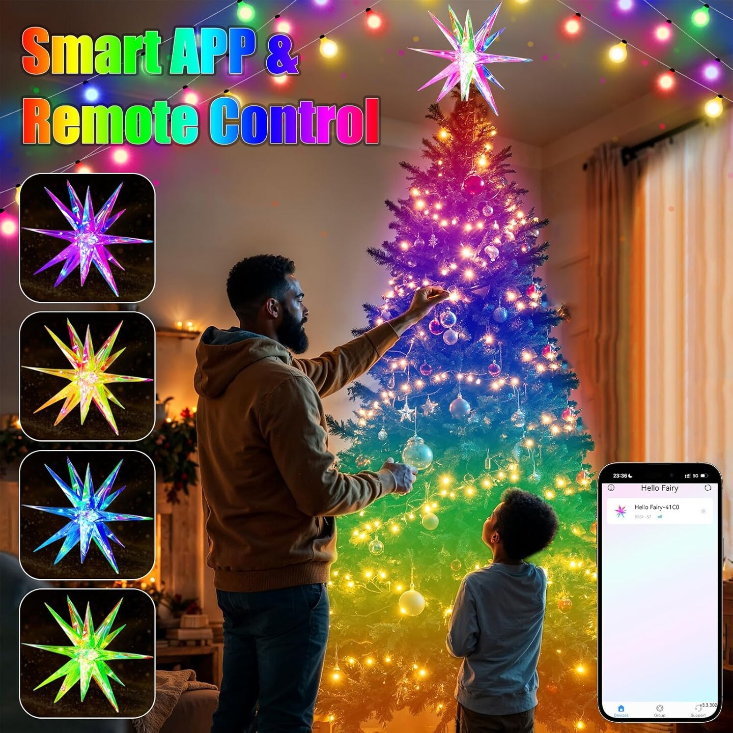 Christmas Star Tree Topper, 15.8&#x22; Smart Star Tree Top of Crystal-Like 3D Polygonal Shell, Light Tree top w/Remote Control/App, Music Sync RGB Color Changing Control LED Christmas Light, 36 Lights