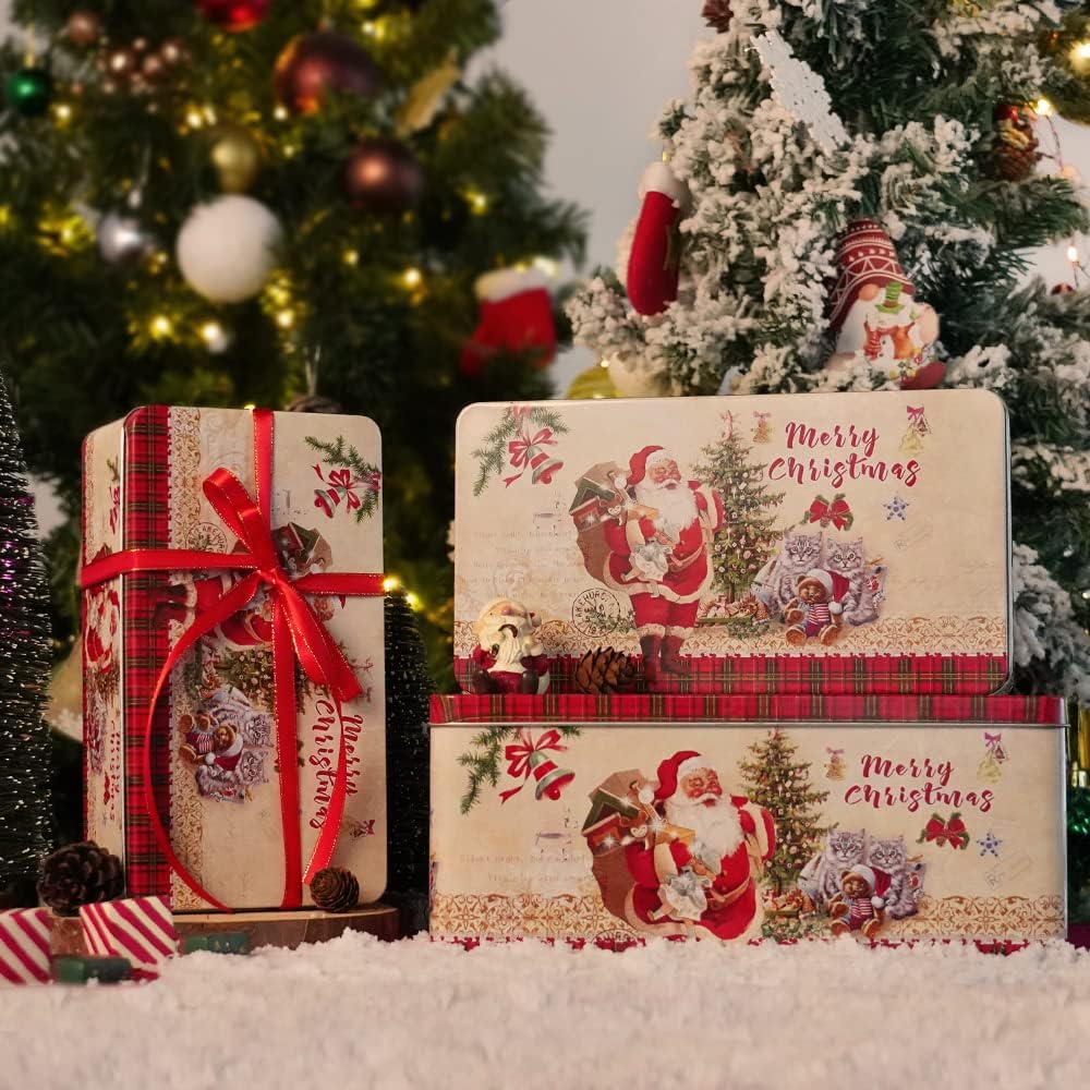 Christmas Cookie Tin Box with Lids, Rectangle Santa Food Storage Gift, Set of 3 Nesting Containers