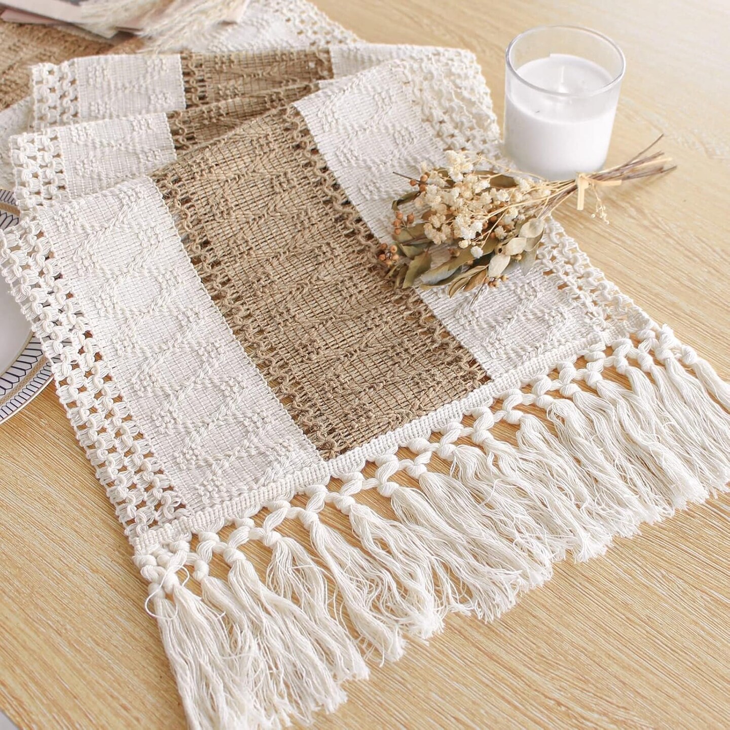 Boho Table Runner 108 Inches Long for Christmas Home Decor Farmhouse Table Runner Cream &#x26; Brown Rustic Macrame Table Runner for Bohemian Dining Bedroom Decor Bridal Shower (12x108 Inches)