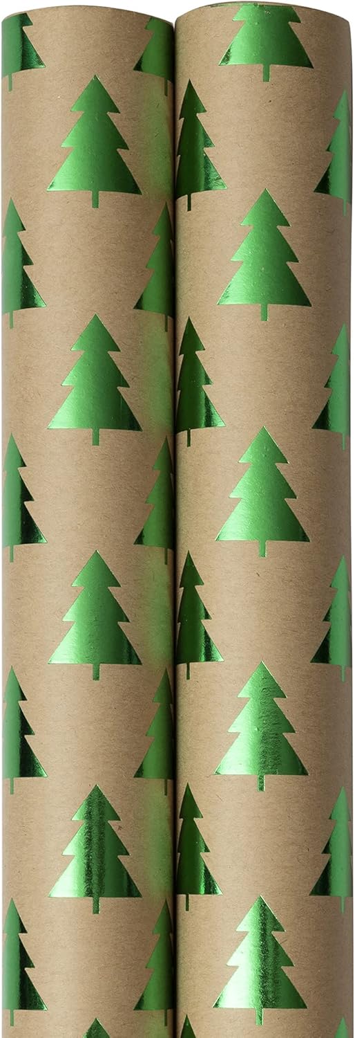 Gift Wrap - Christmas Kraft Wrapping Paper - 50 Sq Ft Total - Green Trees on Brown Kraft Paper - 2 Rolls/Pack