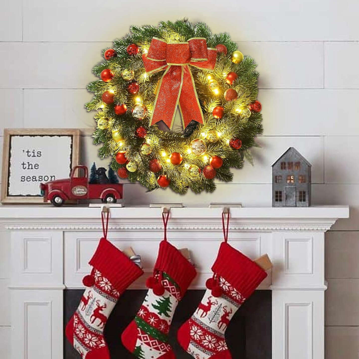 16 Inch Pre-lit Christmas Wreath with Hook, Battery Operated Christmas Wreath Decorative Christmas Balls Hanging Ornament, Artificial Door Wreath 40 Clear LED Lights