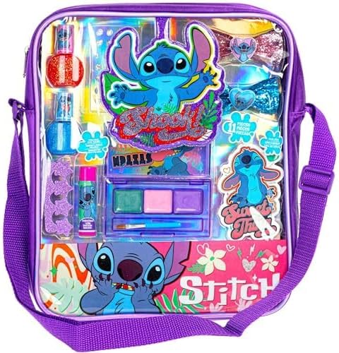 Stitch Makeup Filled Shoulder Bag Includes Lip Gloss, Nail Polish, Hair Bow & More! for Girls, Ideal for Ages 3 and Up Perfect for Parties & Makeovers, by Townley Girl