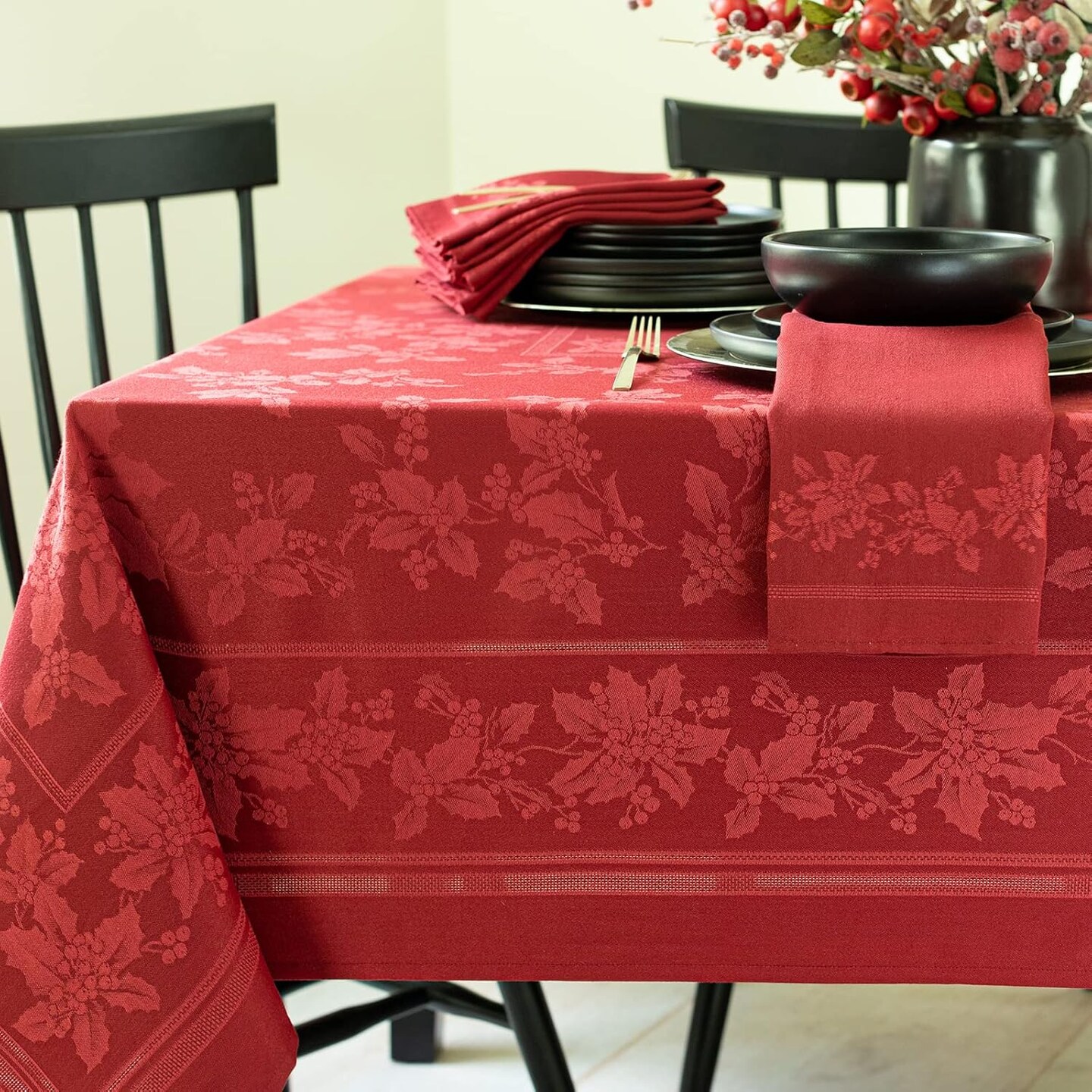 Holiday Elegance Heavyweight Engineered Jacquard Fabric Table Cloth, Holiday, Winter, and Christmas Tablecloth (Dark Red, 60&#x22; X 144&#x22; Rectangular)