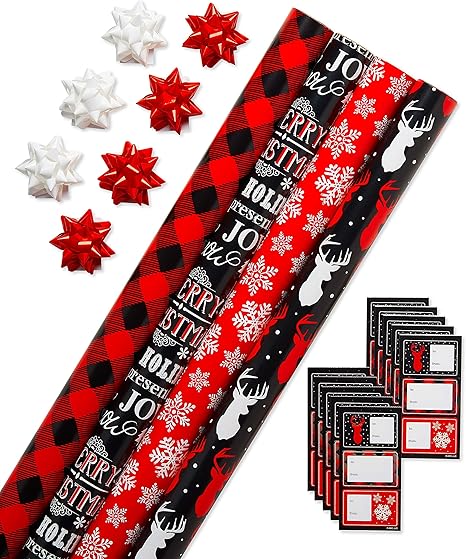 Wrapping Paper Set with Cut Lines (4 rolls 30 in. x 12 ft., 7 Bows, 30 Gift Tags), Christmas Text, Plaid, Reindeer and Snowflakes