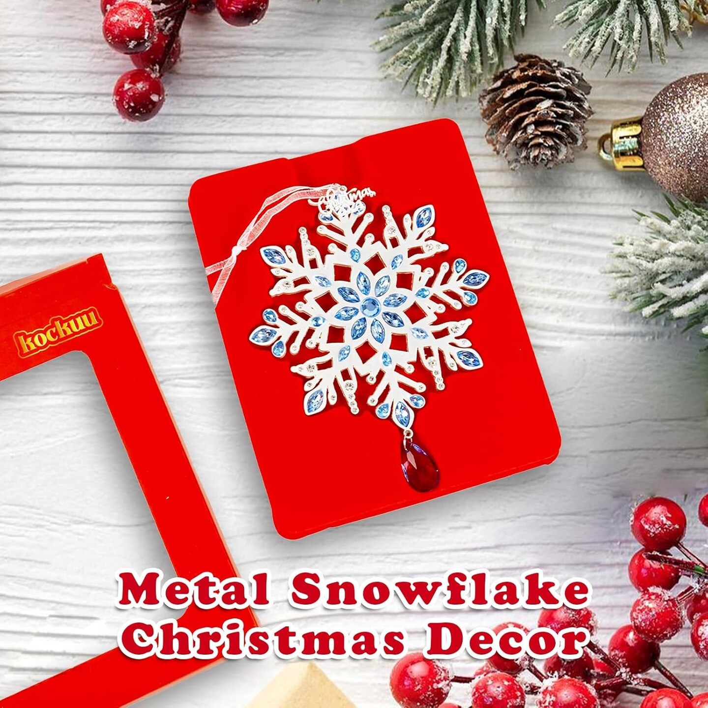 Snowflake Christmas Tree Ornaments, Metal Snowflake Hanging Ornament for Tree with Decorative Blue Crystals Christmas 2024 Engraved for Winter Xmas Tree Snowflake Keepsake Gifts Holiday Decoration