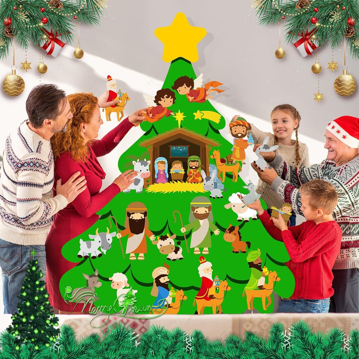 Christmas Tree for Kids Toddlers, DIY Felt Nativity Christmas Tree with 27 Pcs Detachable Ornaments Kids Wall Hanging New Year Xmas Gifts Christmas Party Home Decorations