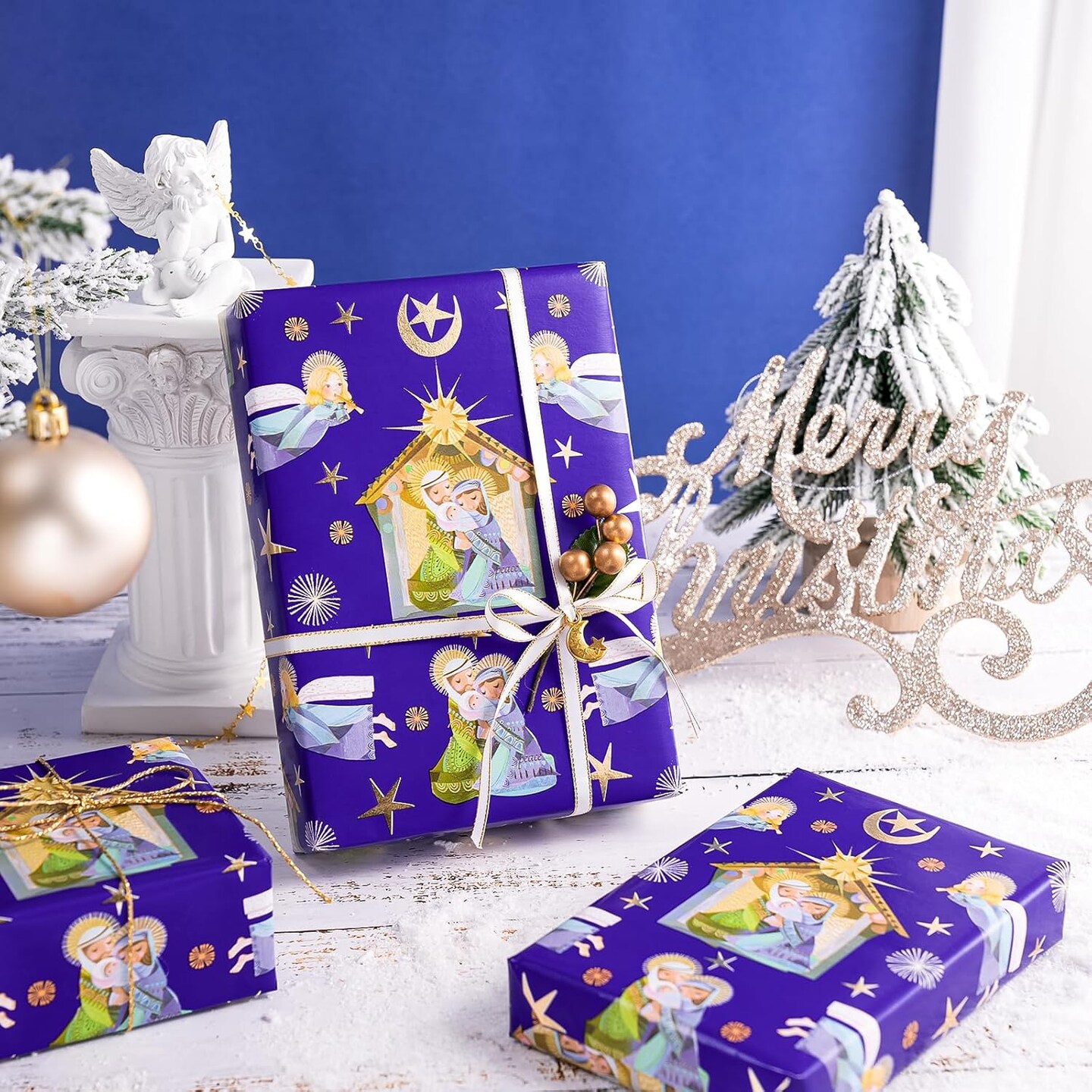 Nativity Christmas Wrapping Paper - Mini Roll - 17 Inch x 33 Feet - Blue Little Angel Design for Christmas, Holiday, Party Celebration