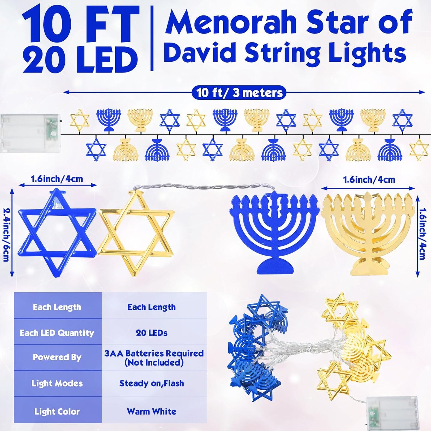 Hanukkah String Lights, 10 Feet 20 LED Battery Operated Star of David String Lights Indoor Chanukah Decoration for Menorah Jewish Judaism Passover Rosh Hashana Party Decor