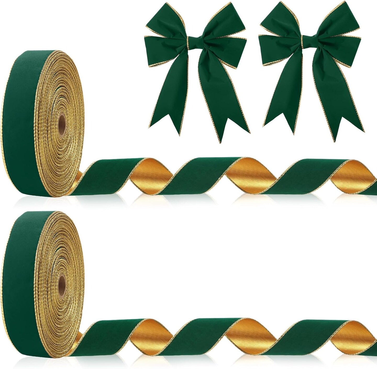 2 Rolls Christmas Velvet Ribbon Wired Gold Edge Ribbon Xmas Ribbon for Gift Wrapping Christmas Tree Wreath Bows Crafts Decor, Total 100 Yards(1.5 Inch x 50 Yard)