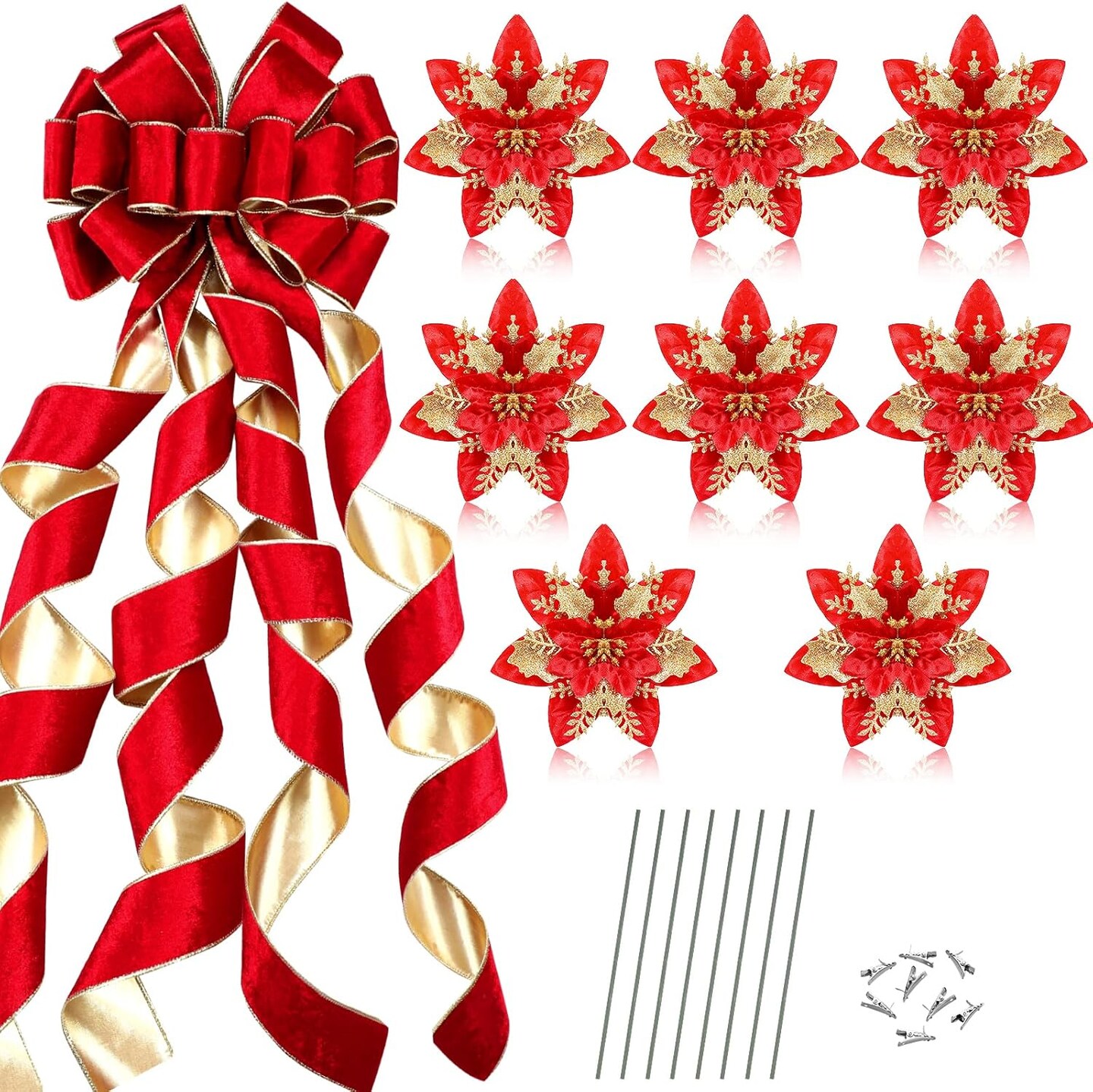 48" x 13" Red Big Christmas Tree Topper Red Large Velvet Bow with Long Streamers Christmas Tree Ornaments with 8 Pcs 5.5 Inch Artificial Gold Red Poinsettia Flowers Decorations for Christmas Decor
