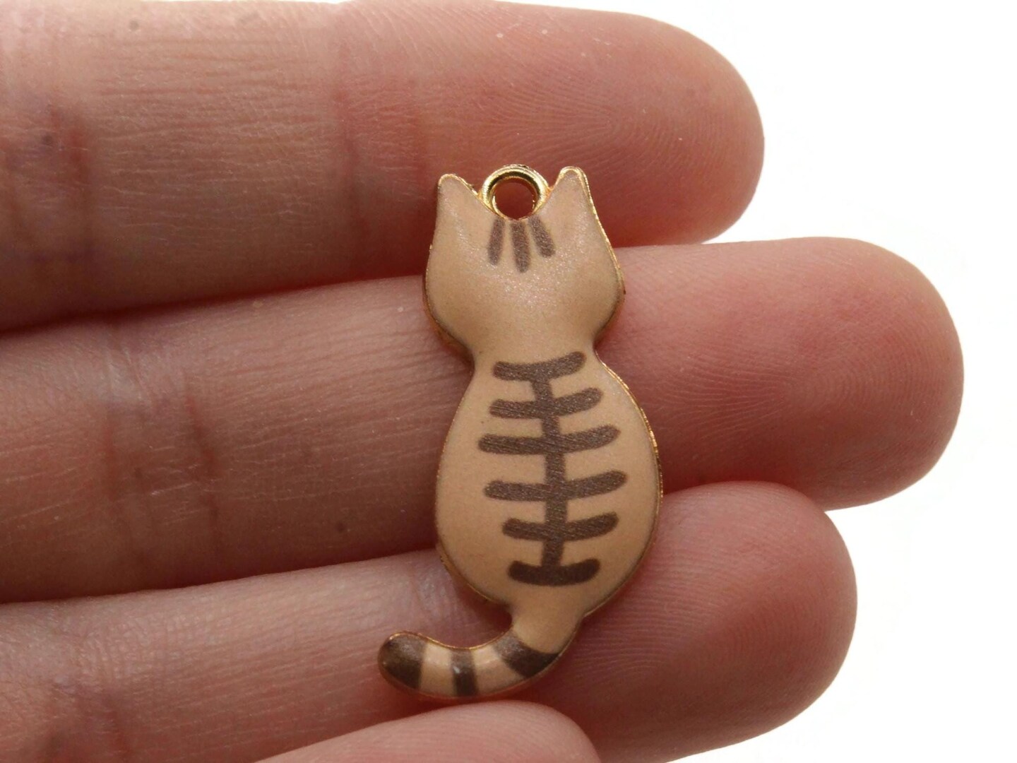 30mm Brown Striped Cat Gold Metal and Enamel Pendant