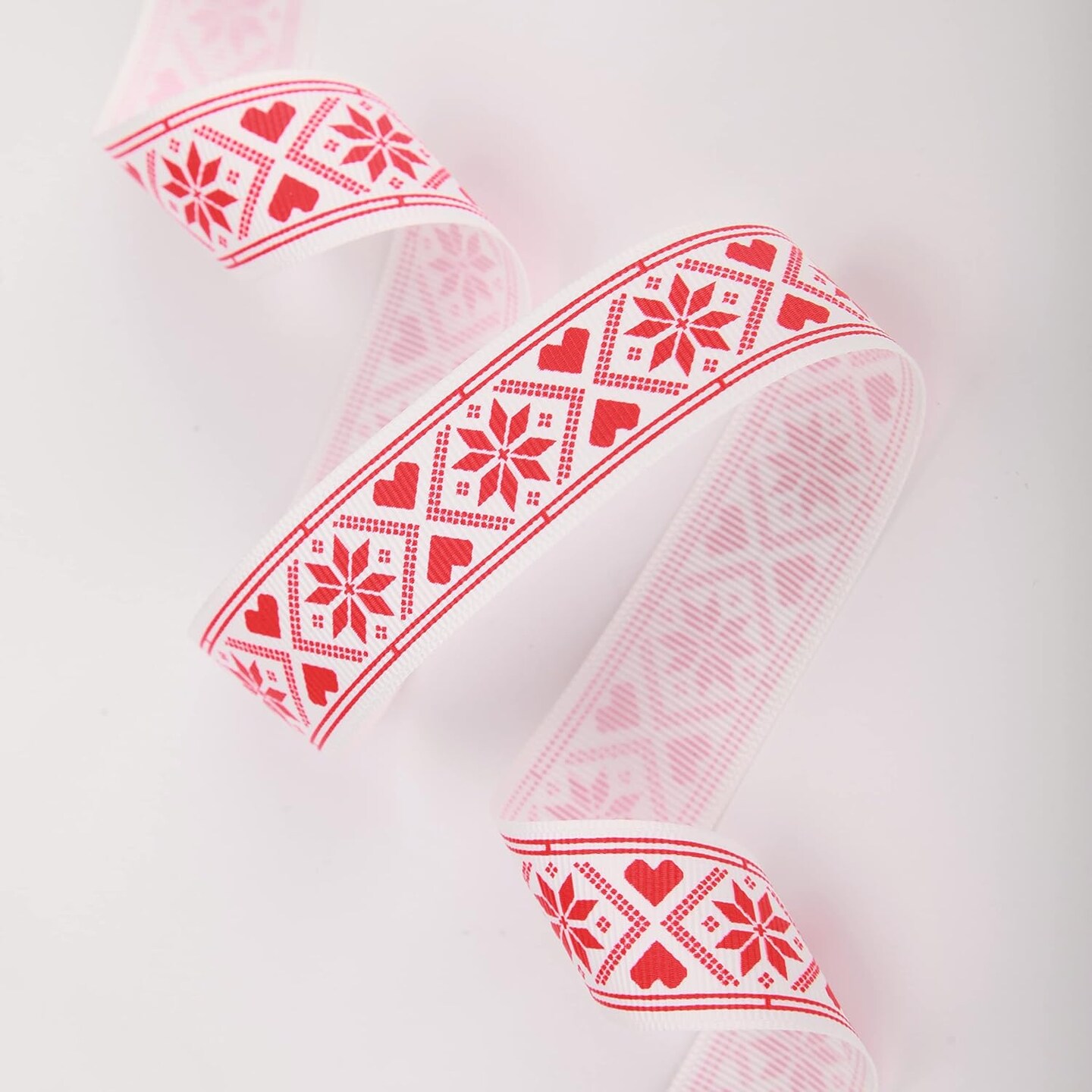 Christmas Ribbon Total 20 Yards 1Inch Wide Red and White Nordic Trim Scandi Reindeer and Snowflake Ribbon for Gift Wrapping, DIY Craft, Christmas Party Supplies