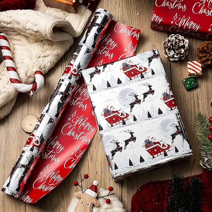 Wrapping Paper Roll - Metallic Shine Santa, Sleigh, Reindeer, Stripe, Plaid, Letterings, Snowflake for Christmas, New Year Celebration - 3 Rolls - 17 x 120 Inch Per Roll