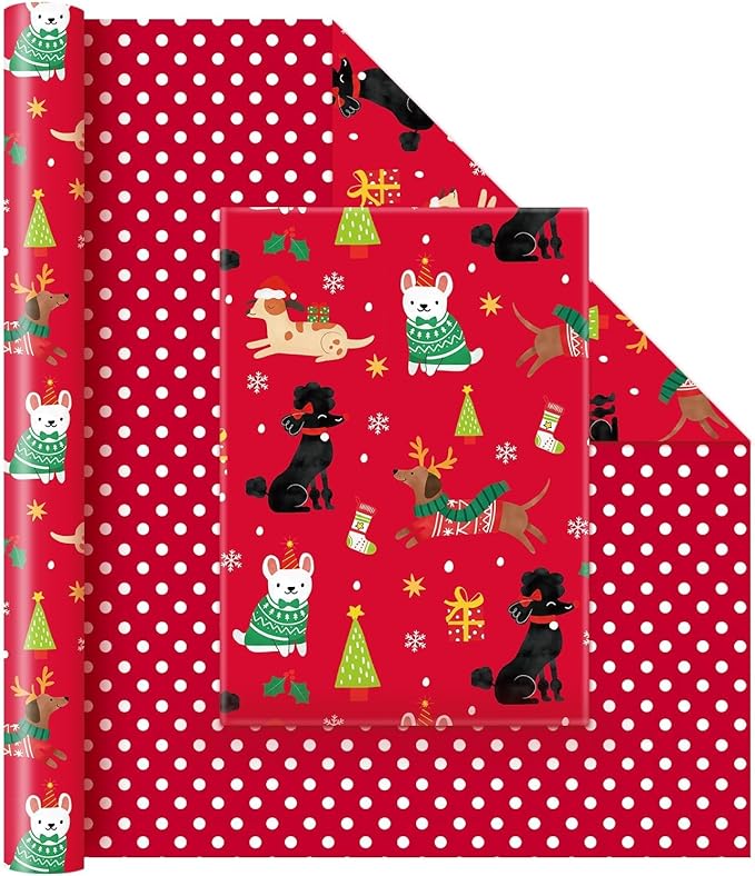 1 Roll 17” x 33 ft Puppy Red Kids Christmas Wrapping Paper Birthday Party Gift Funny Christmas Wrap Decoration Polka Dot