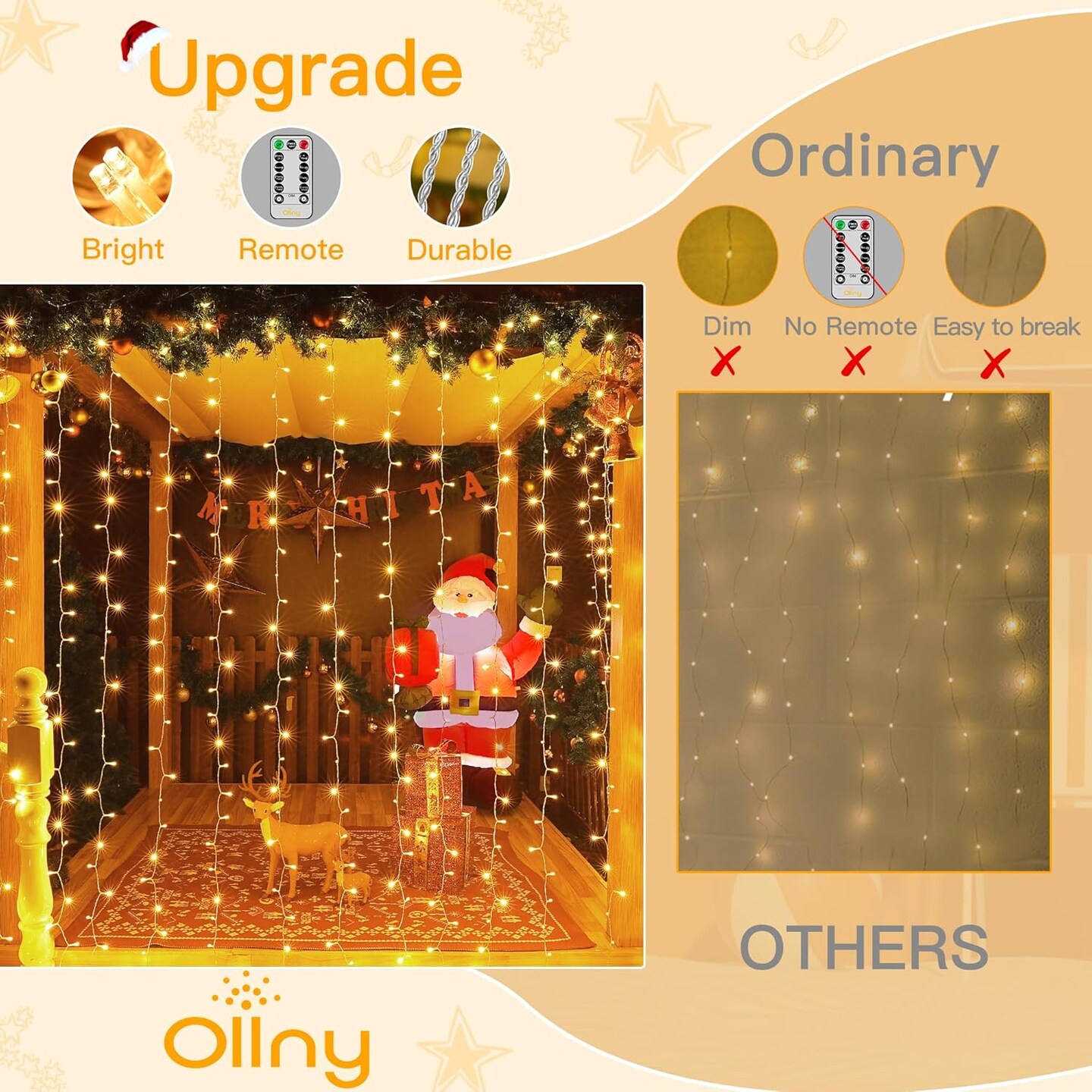 Ollny Curtain Lights 200LED 6.6x6.6ft, USB Christmas Curtain Lights Warm White with Remote 8 Modes Timer, Waterproof String Lights for Bedroom Backdrop Window Indoor Outdoor