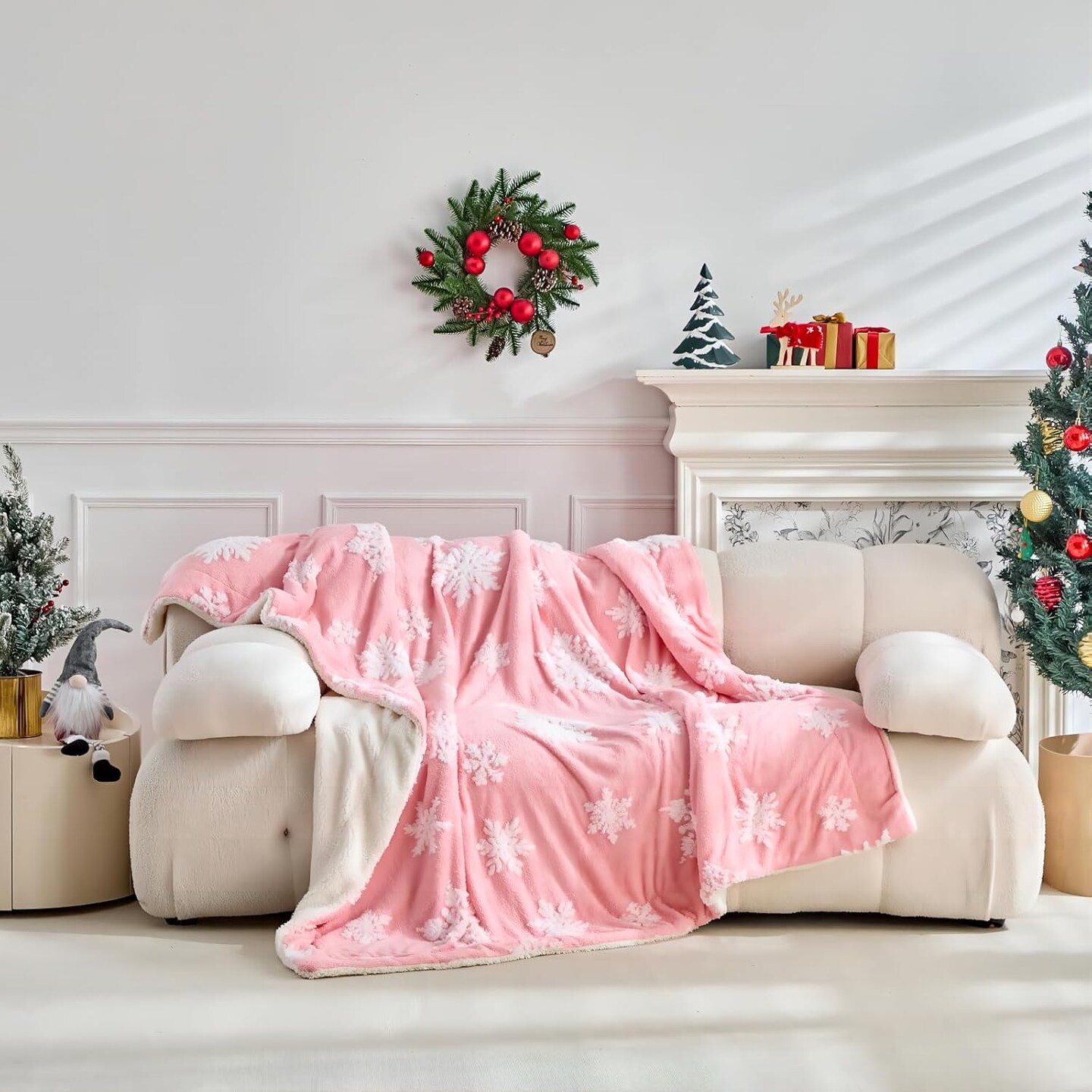 Pink Christmas Blanket, Snowflake Throw Blanket for Couch, 50&#x22;x60&#x22;, Fluffy Fuzzy Blankets &#x26; Throws for Bed, Sofa, Cozy Plush Sherpa Fleece Blanket, Christmas Decor Gifts for Women, Men