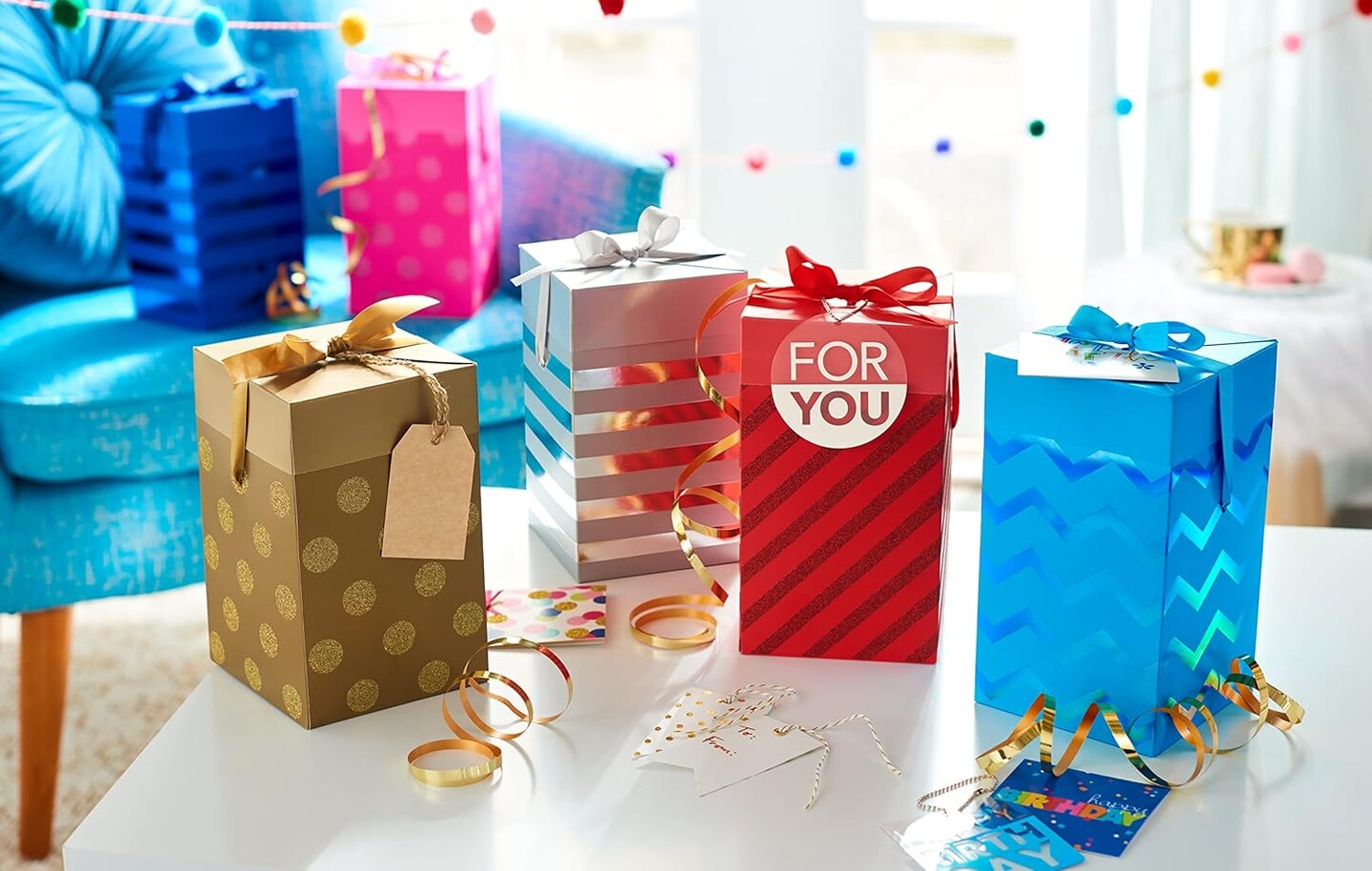 Push Down Gift Boxes for Christmas and All Holidays, Red, Green, Silver and Gold (4 Boxes)