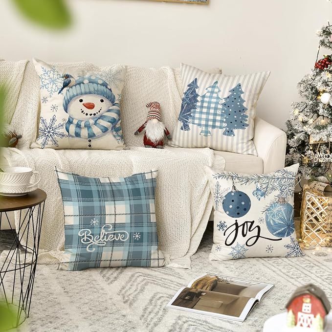 Winter Snowman Joy Snowflake Christmas Throw Pillow Covers, 18 x 18 Inch Xmas Tree Winter Holiday Buffalo Plaid Cushion Case Decoration for Sofa Couch Set of 4