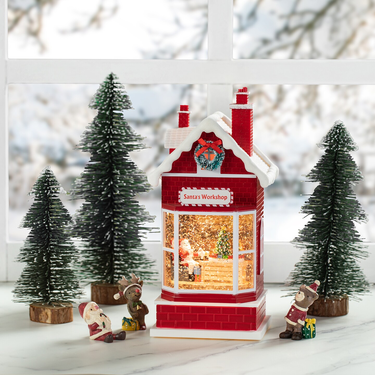 Set of 2 10.5&#x22;H Lighted Santa&#x27;s Workshop Waterglobe